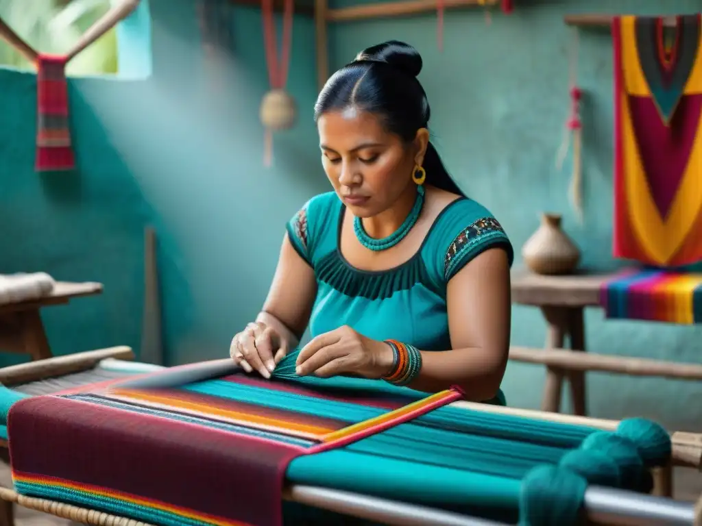 Una hábil tejedora maya crea con destreza un textil colorido en su taller, rodeada de hilos vibrantes y patrones elaborados