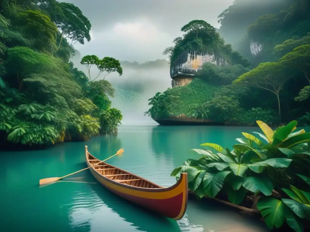 Hábiles artesanos mayas esculpen una canoa en la orilla de un río, reflejando la conexión entre la navegación marítima y la civilización maya