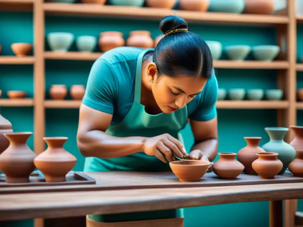 Hábiles artesanos mayas moldeando cerámica tradicional con precisión y cuidado