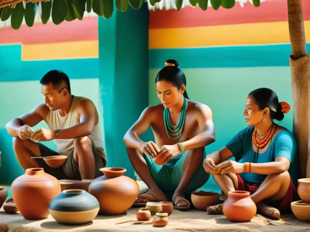 Artesanía maya: creación de vasijas tradicionales bajo ceiba Hábiles artesanos mayas crean cerámica tradicional bajo un ceiba en mercado vibrante