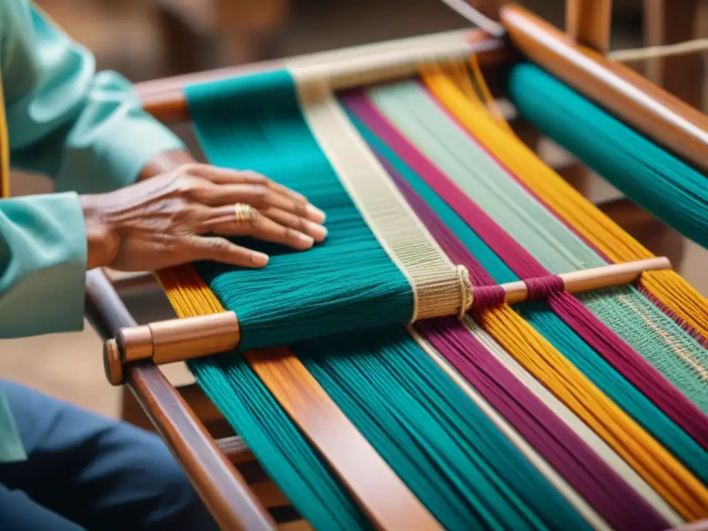 Hábiles artesanos mayas tejiendo patrones coloridos con hilos de algodón en telar tradicional