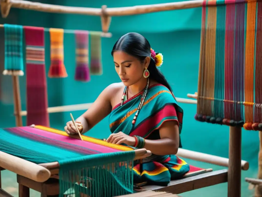 Hábiles artesanos mayas tejiendo textiles coloridos en un mercado cultural en Guatemala