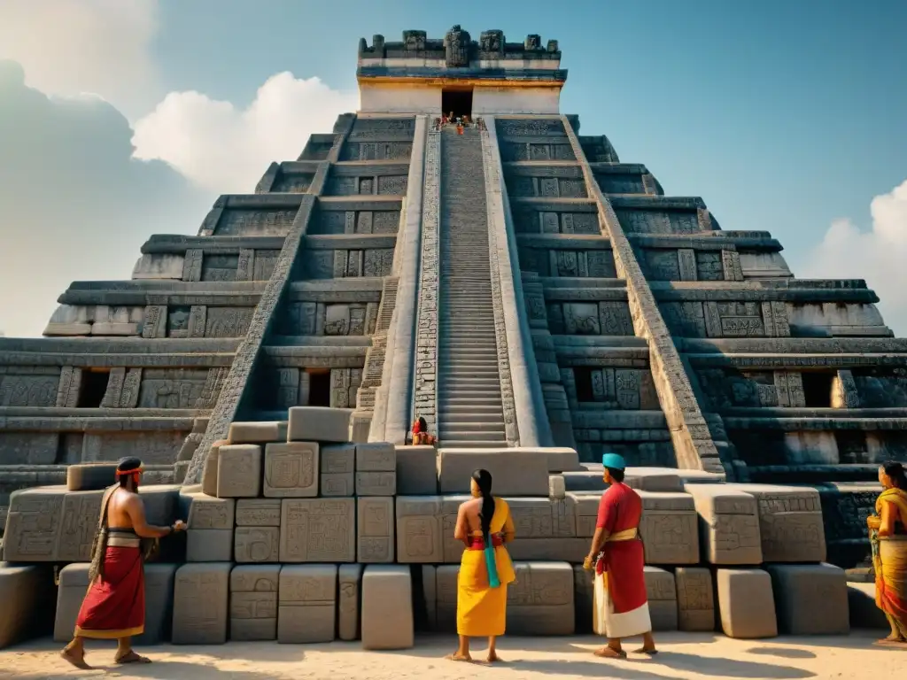 Hábiles constructores mayas tallando piedra con herramientas de la civilización