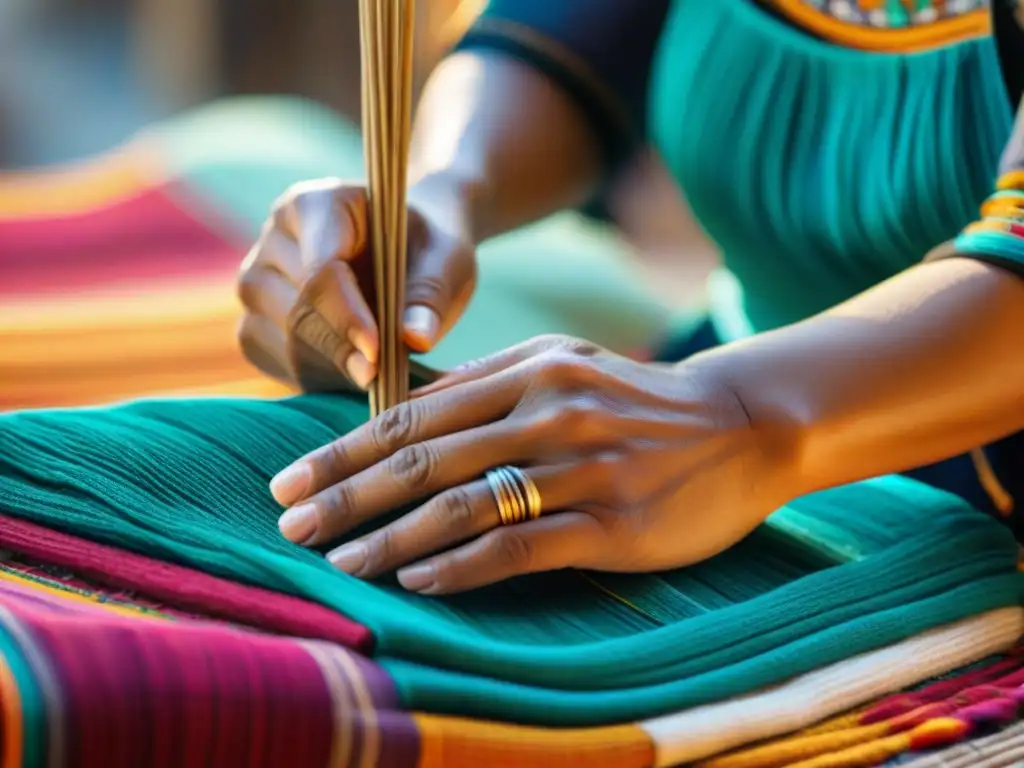 Las hábiles manos de un artesano maya tejiendo textiles tradicionales en un mercado, fusionando vida moderna y tradición