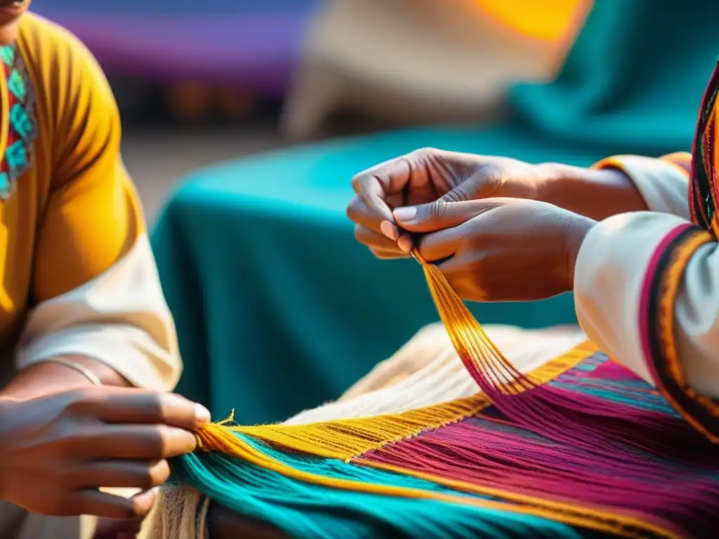 Las hábiles manos del artesano maya tejen patrones tradicionales en vibrantes colores en un mercado local, impacto tecnología comunidades mayas