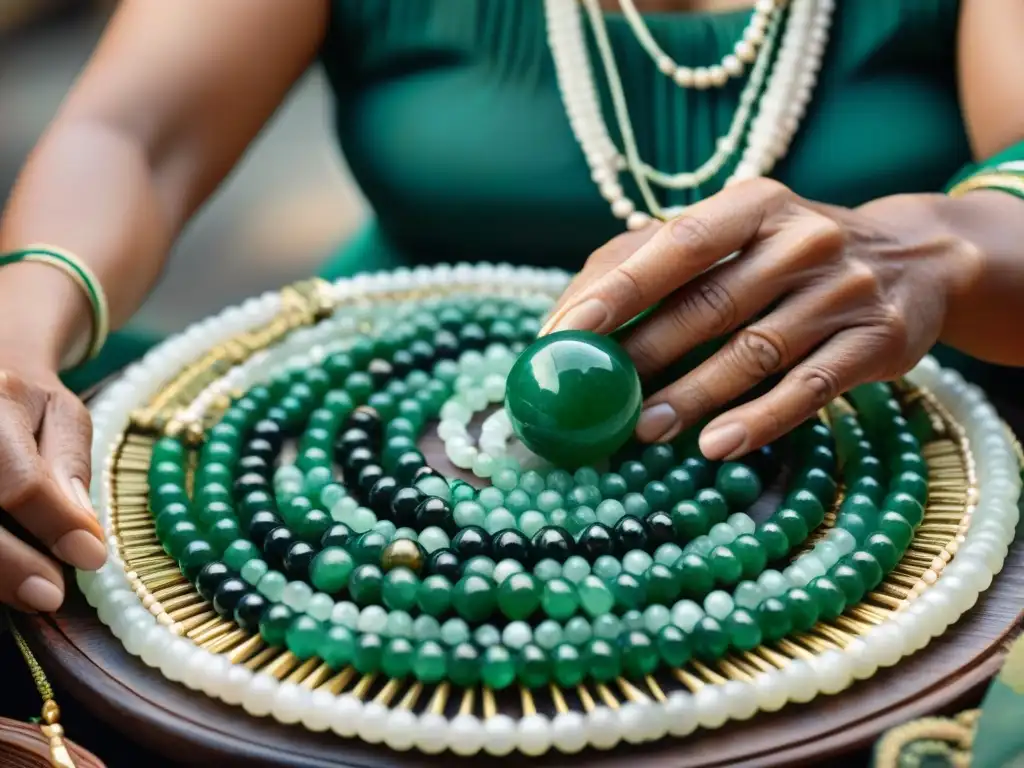 Las hábiles manos de un artesano maya creando un collar de jade, destacando la artesanía y la cultura de las joyas inspiradas en la cultura maya