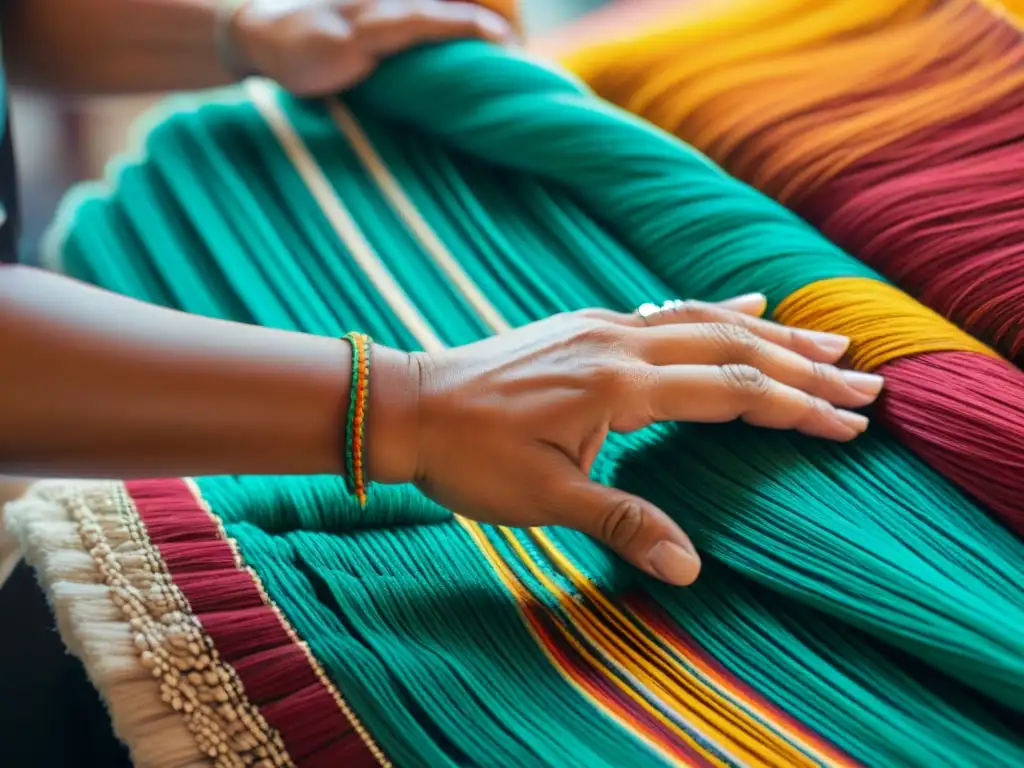 Las hábiles manos de un artesano maya tejen patrones tradicionales en un mercado bullicioso