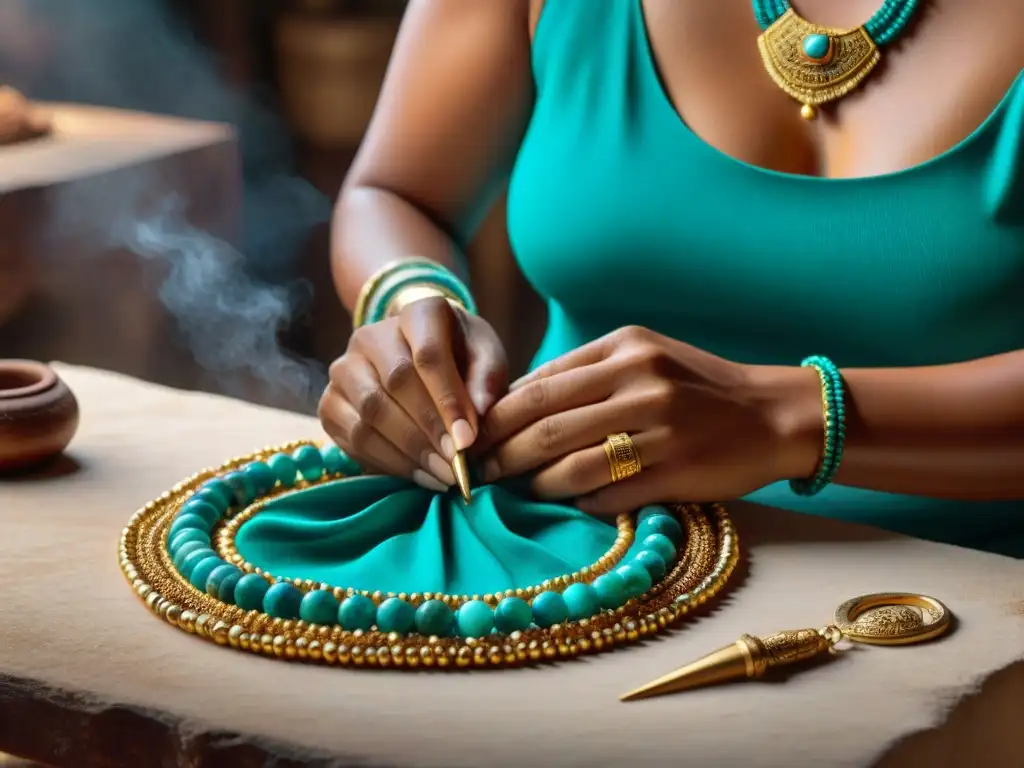 Las hábiles manos de un joyero maya creando un collar de turquesa y oro, destacando las técnicas milenarias