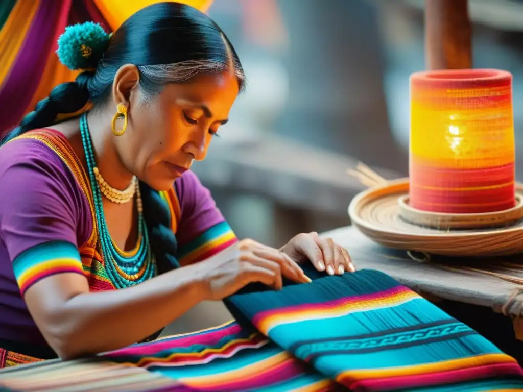 Hábiles manos de mujer maya tejiendo patrones en vibrante textil en mercado con rol de la mujer maya