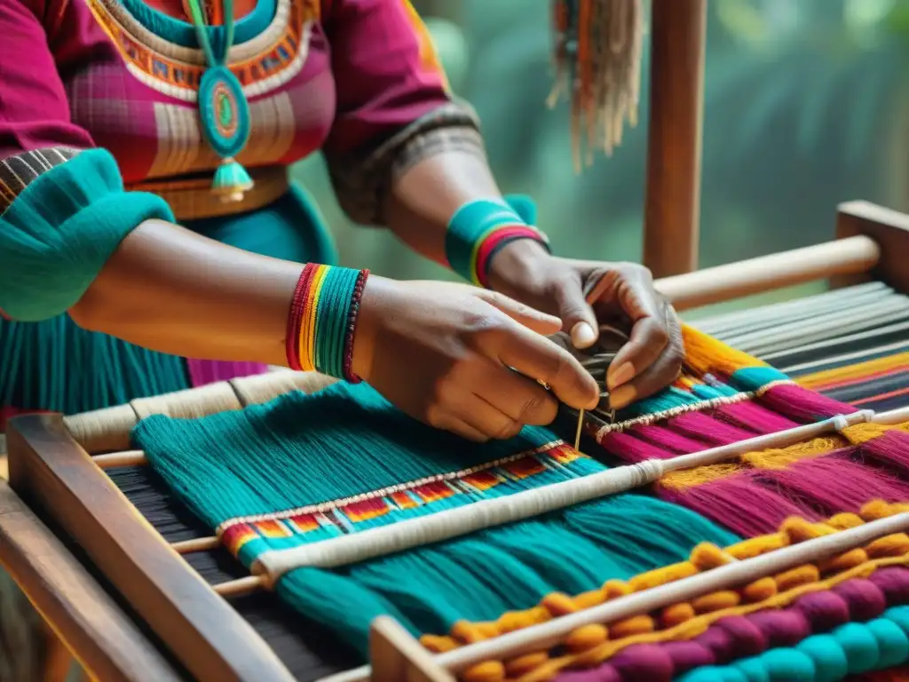 Las hábiles manos de una tejedora maya crean un textil vibrante en un taller tradicional