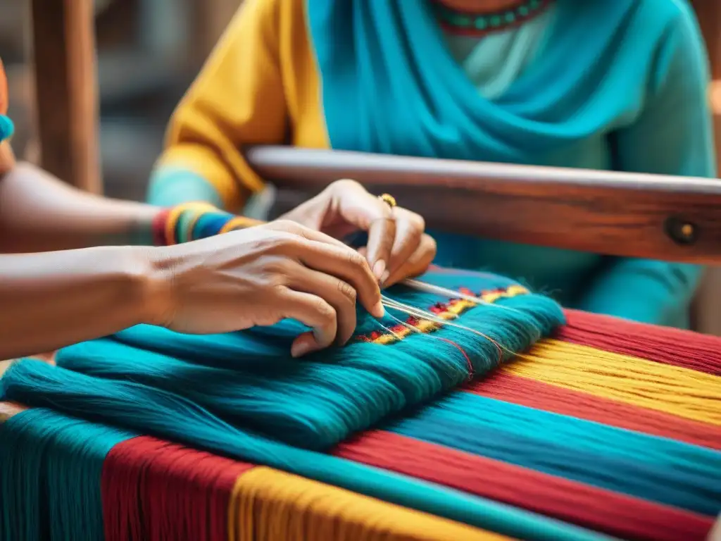 Las hábiles manos de una tejedora maya crean un tapiz multicolor con patrones geométricos, reflejando siglos de artesanía