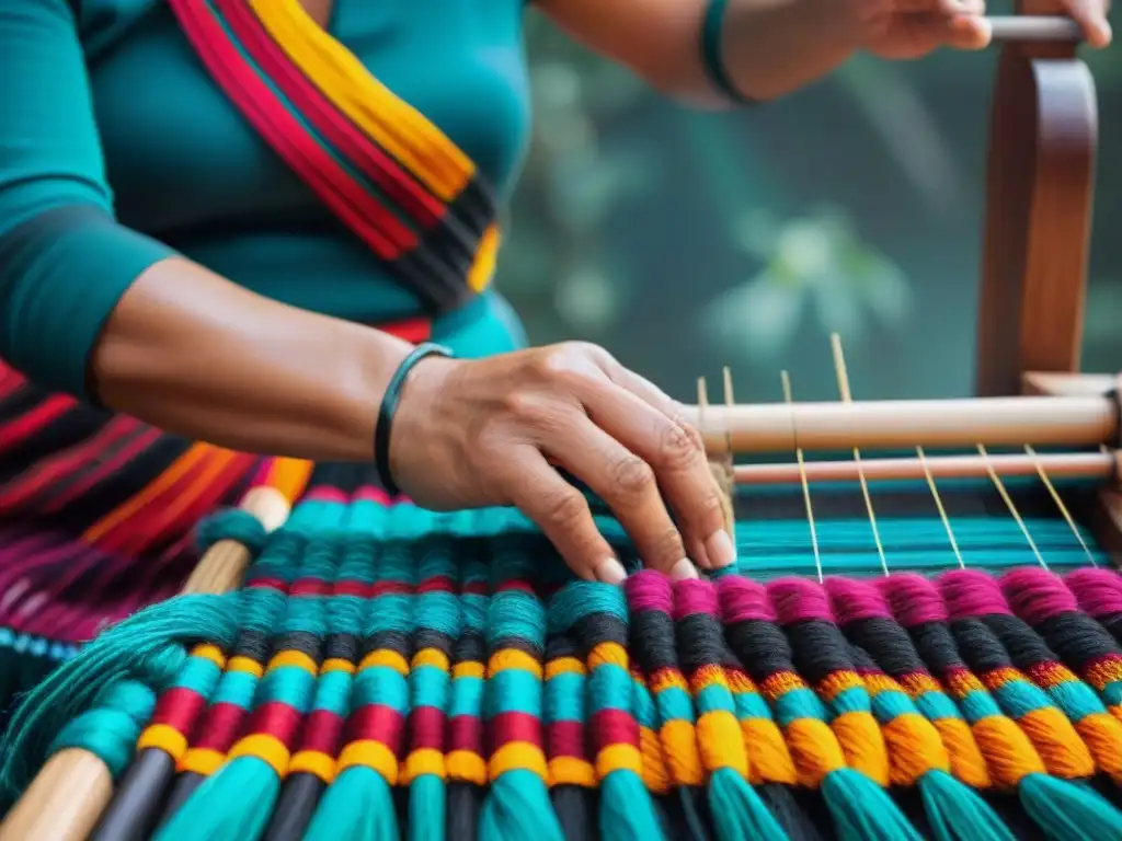 Hábiles manos tejedoras mayas trabajando en un telar de cintura, creando arte textil con la tecnología textil maya innovadora