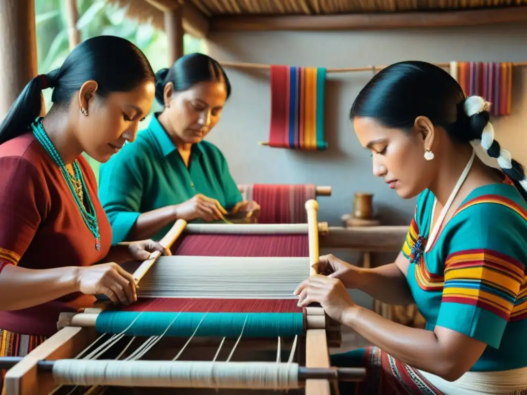 Hábiles tejedoras mayas crean patrones en telares, resaltando la artesanía y herencia cultural de los Textiles mayas sociedad antigua