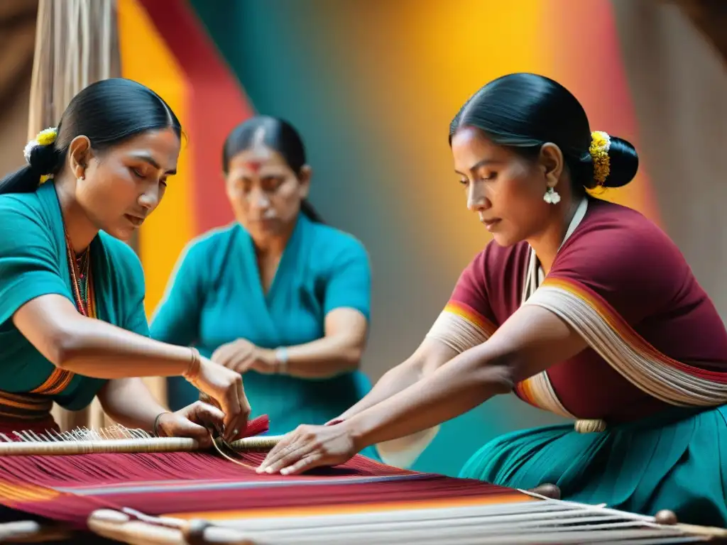 Hábiles tejedoras mayas creando textiles en telar de cintura, mostrando la evolución del tejido maya clásico al posclásico