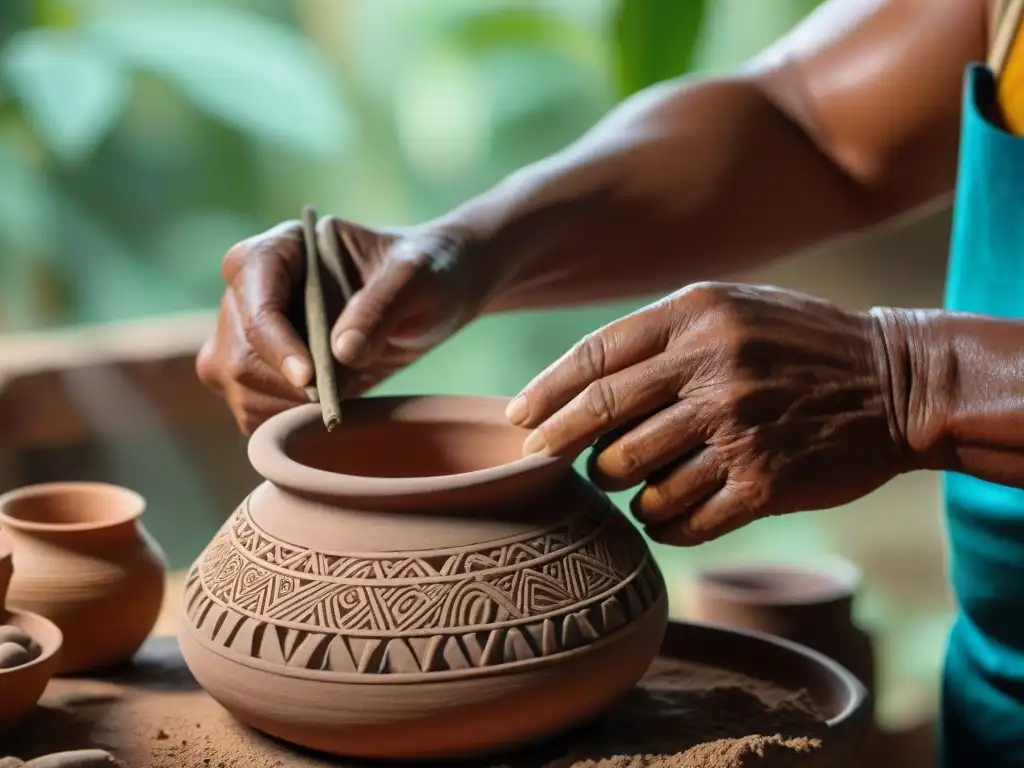 Habilidades ancestrales: manos expertas de un artesano maya moldeando una vasija de barro, con técnicas cerámica maya antigua