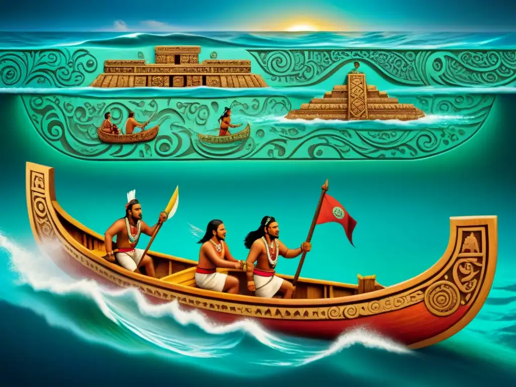 Habilidades náuticas de los mayas plasmadas en detallado mural de navegantes en canoa de madera con símbolos grabados