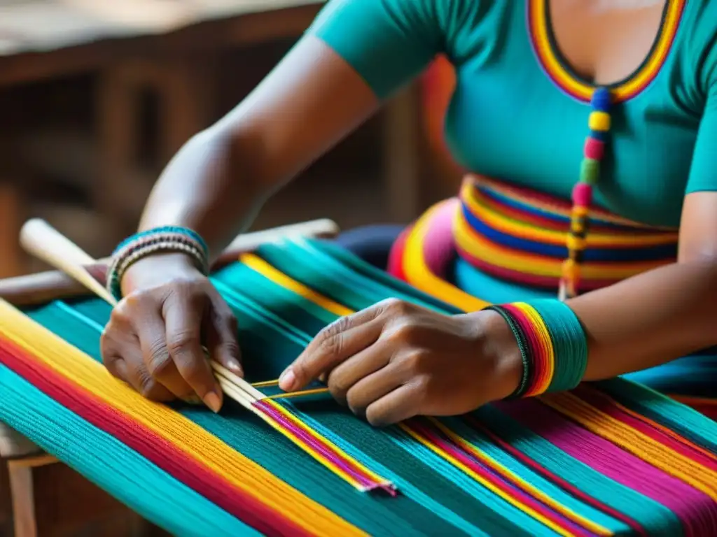 Habilidosa mujer maya tejiendo textiles tradicionales en telar de cintura, resaltando el significado del arte textil maya