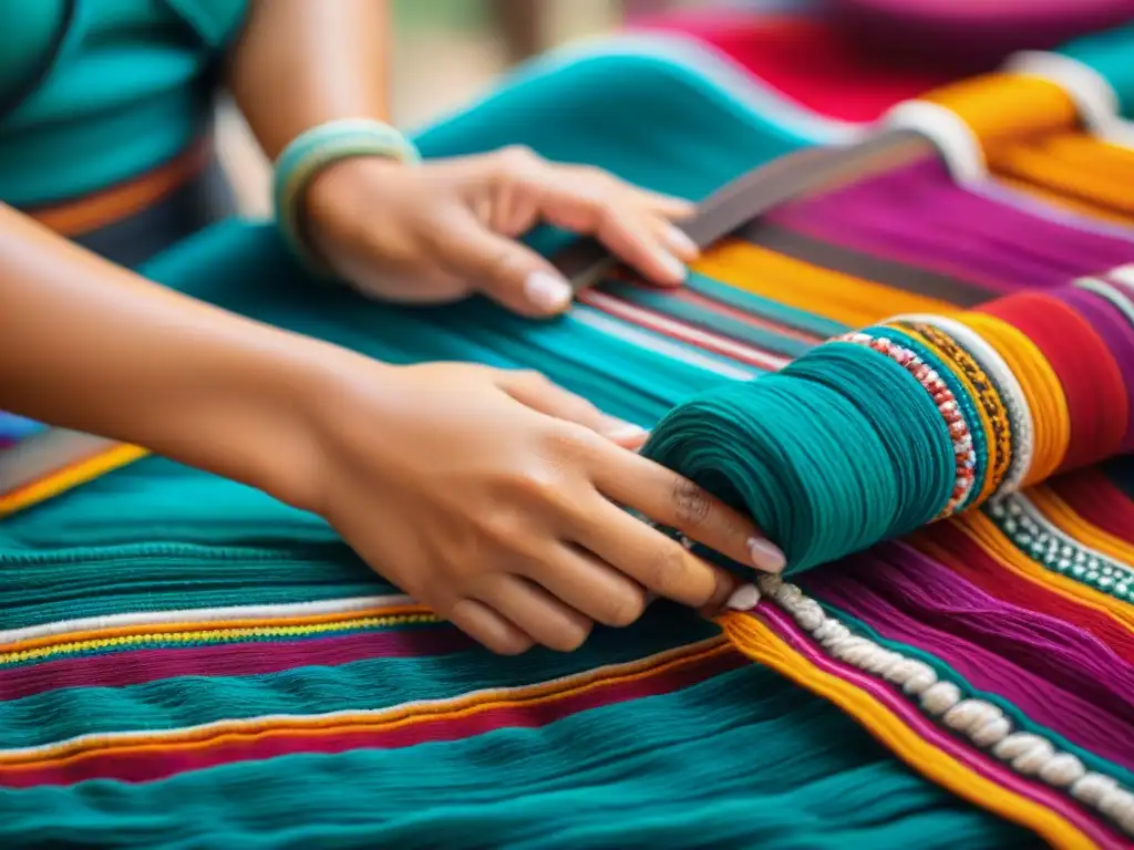 Las habilidosas manos de una mujer maya tejiendo un textil colorido, reflejando la economía en comunidades mayas trueque