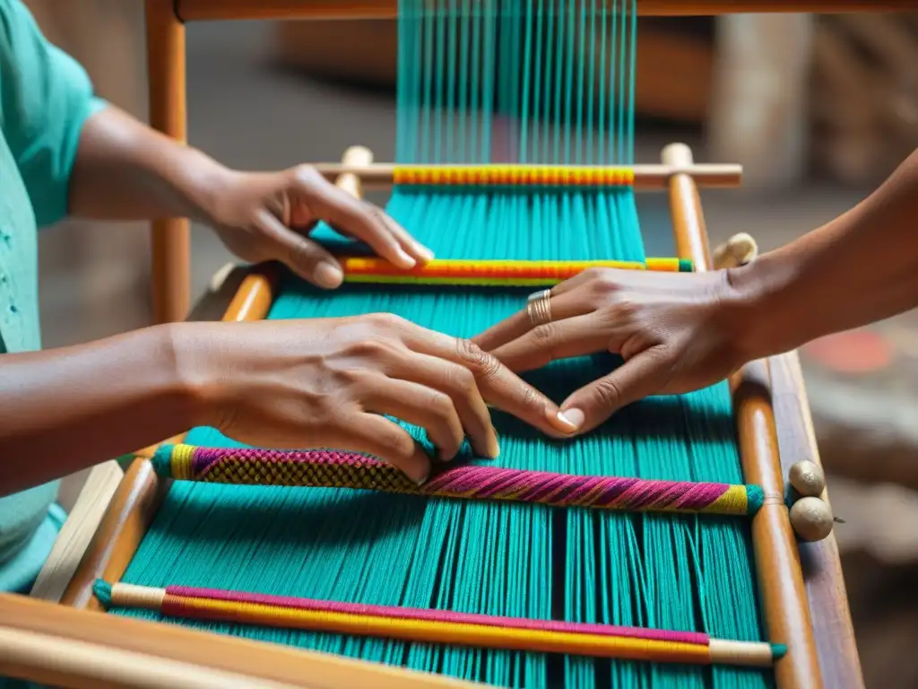 Habilidosas manos tejiendo patrones vibrantes en un telar de madera, destacando las técnicas de tejido maya tradicionales