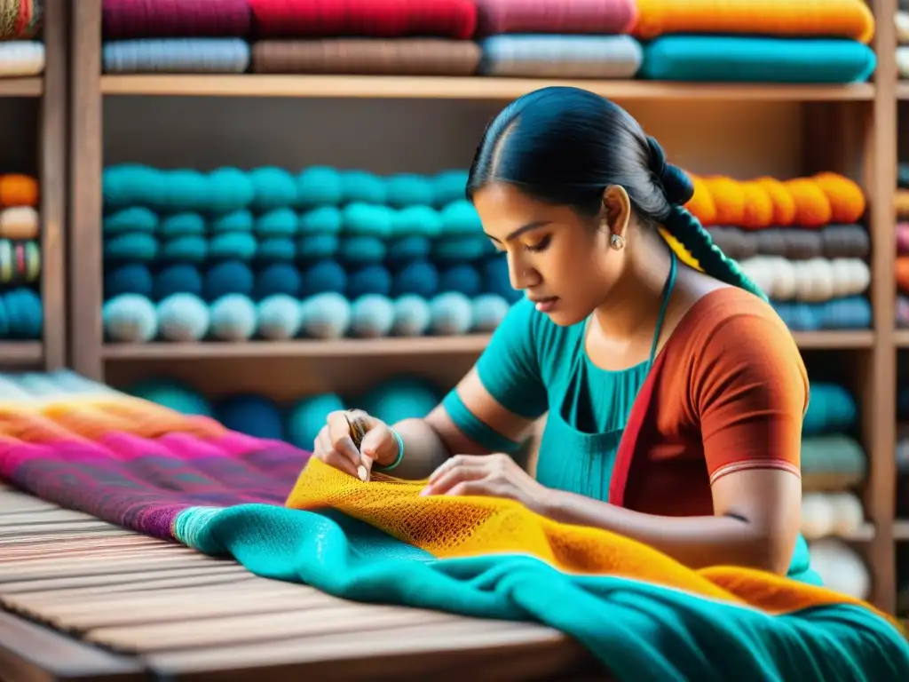 Habilidoso artesano maya tejiendo patrones tradicionales en vibrante textil rodeado de hilos coloridos