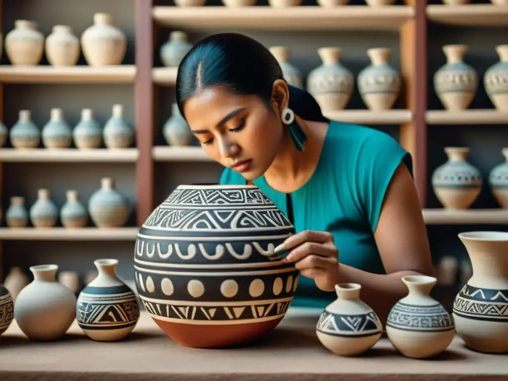 Un habilidoso artesano maya pintando patrones geométricos en un jarrón de cerámica, destacando las técnicas cerámica maya antigua