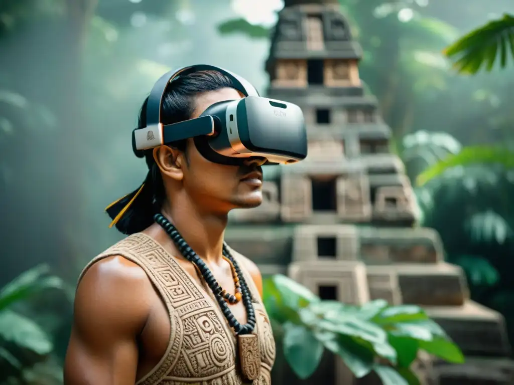 Un headset de realidad virtual sobre un glifo maya en piedra, simbolizando la fusión entre tecnología y historia en visitas virtuales a sitios mayas