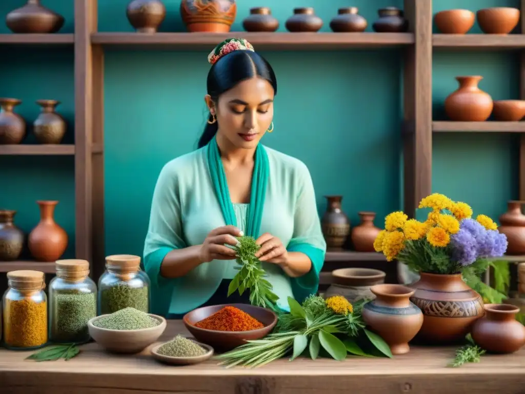 Una herborista maya con hierbas coloridas de amor y fertilidad en una mesa de madera rústica