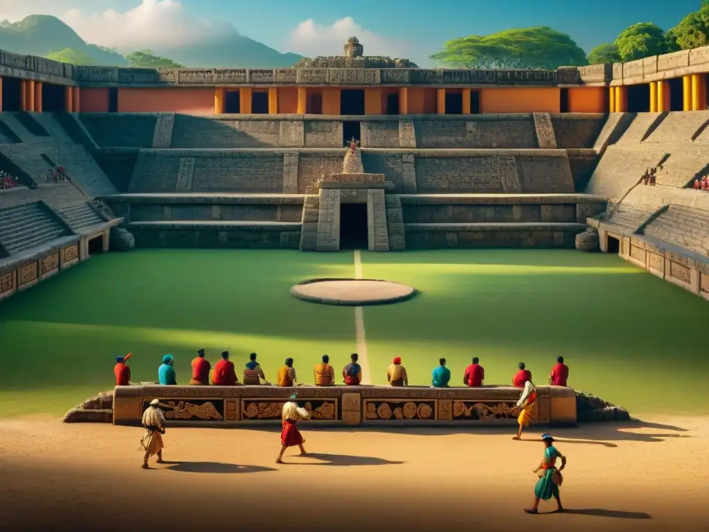 Herencia cultural maya en turismo: Mural detallado de un juego de pelota maya en un estadio mesoamericano