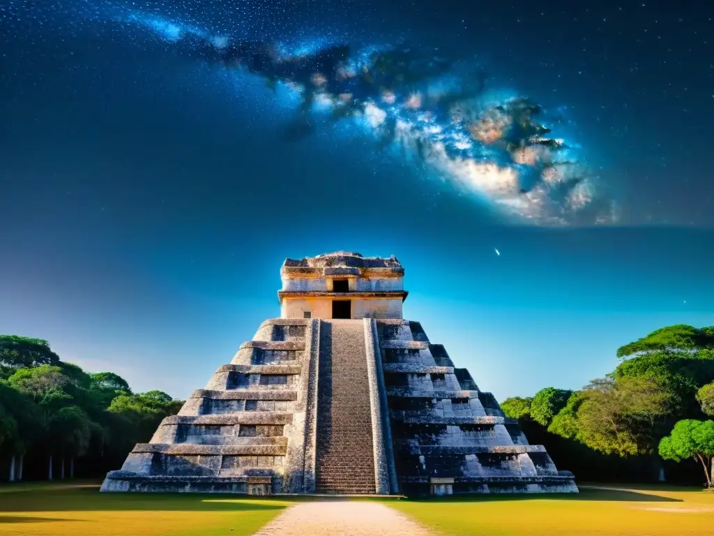 Hermoso observatorio maya en Chichen Itza bajo el cielo estrellado