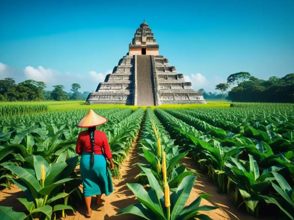 Hermoso templo maya rodeado de maizales verdes con Dioses mayas maíz significado