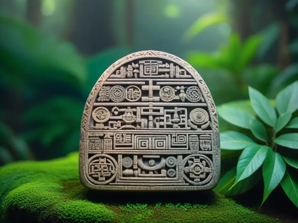 Herramientas de cálculo matemáticas mayas: detalle de una antigua herramienta maya esculpida, con símbolos y precision en la selva exuberante