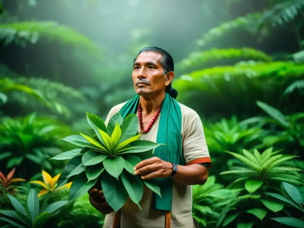 Curandero Maya en la selva: sabiduría ancestral Un hierbero Maya en la selva con plantas y hierbas, reflejando la influencia de la herbolaría Maya en la medicina natural