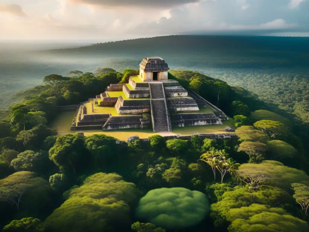 Descubriendo la historia de Ek' Balam: vista aérea de las ruinas mayas con detalles arquitectónicos y jungla exuberante