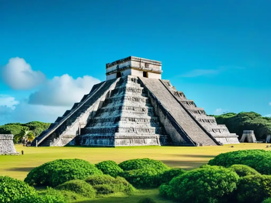 Explora la historia maya en Tulum: la majestuosa pirámide de El Castillo rodeada de exuberante vegetación bajo un cielo azul claro