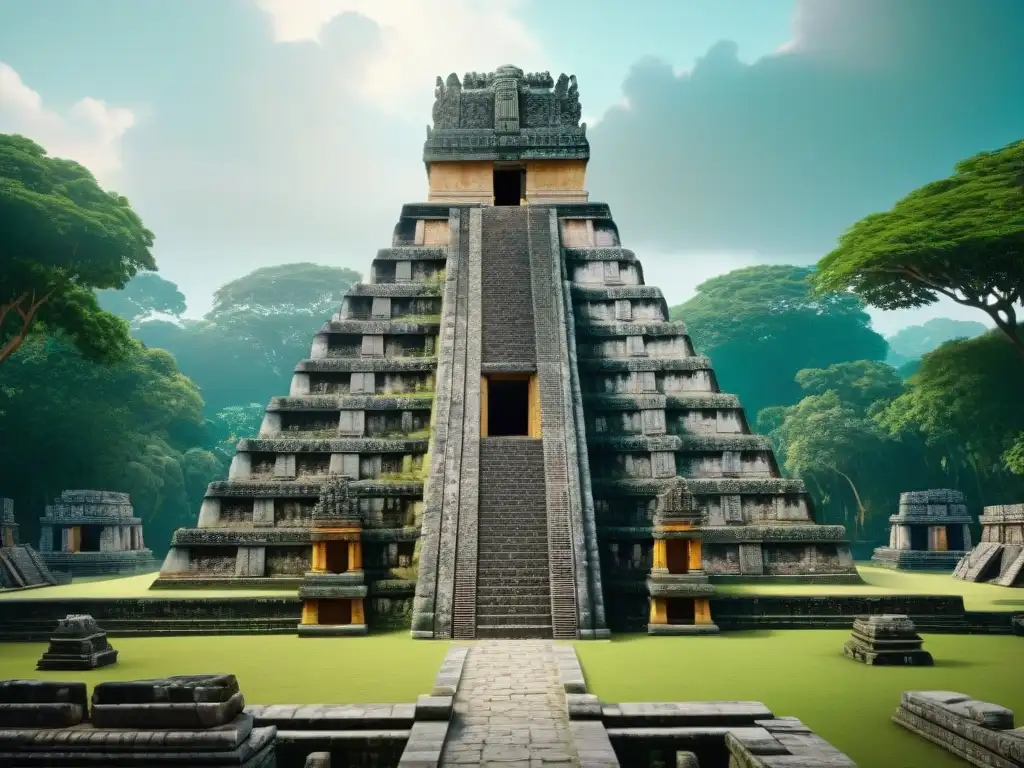 Explora la historia maya en realidad aumentada: un templo majestuoso rodeado de selva y detalles intrincados