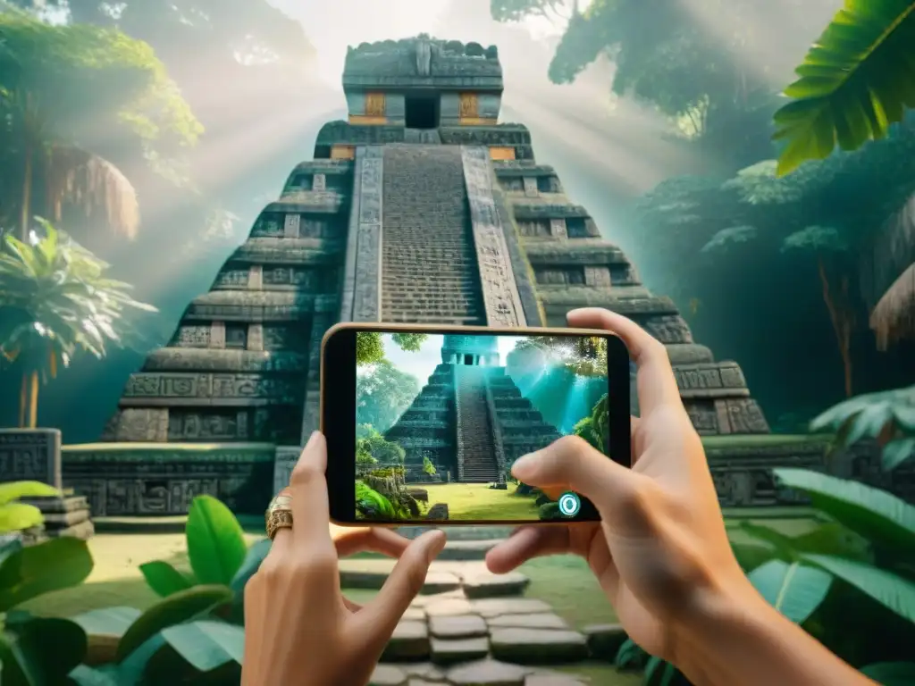 Descubre la historia maya en realidad aumentada: ruinas del templo maya cobran vida en la selva con detalles y jeroglíficos brillantes