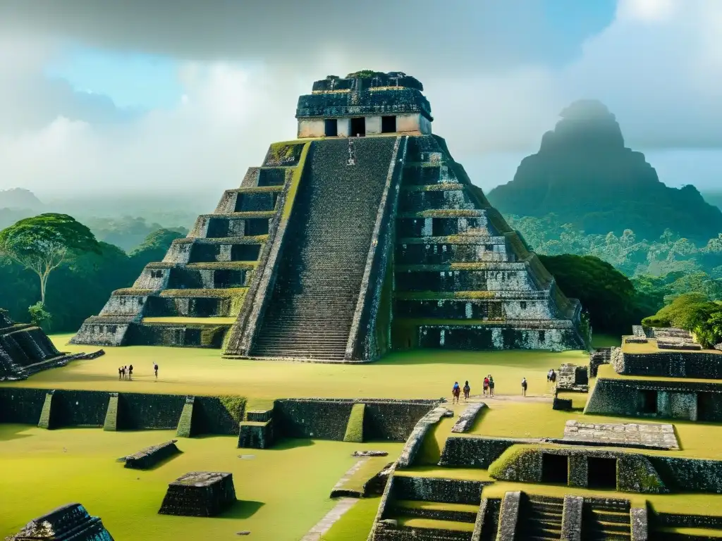 Explora la historia Maya en Belice educación en las ruinas de Xunantunich: detalle de tallados y jeroglíficos, visitantes asombrados