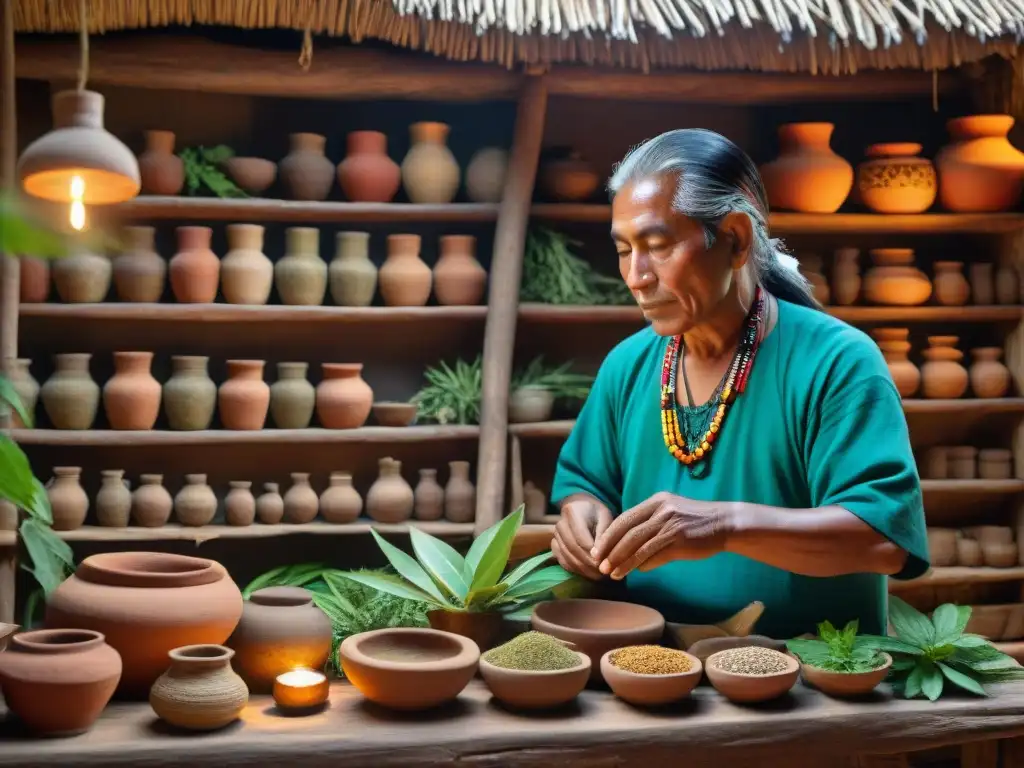 Un h'men maya prepara hierbas medicinales en cocina tradicional, conectando con la naturaleza y la salud