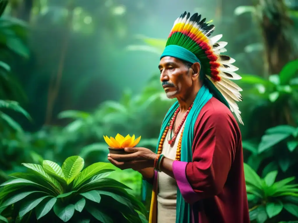 Un h'men Maya en la selva guatemalteca preparando una ofrenda con plantas medicinales mayas