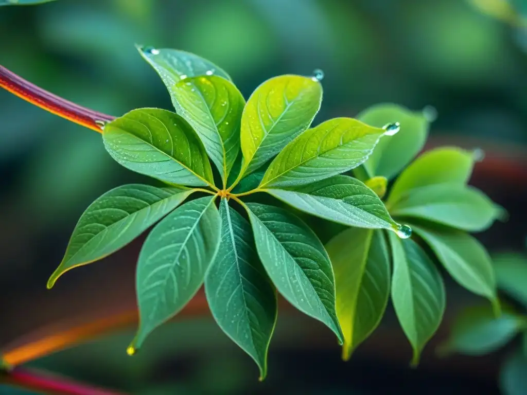 Detalles fascinantes de hojas de chaya verde con rocio matutino Hoja de chaya maya brillante con gotas de rocío bajo la luz matutina, mostrando su belleza única
