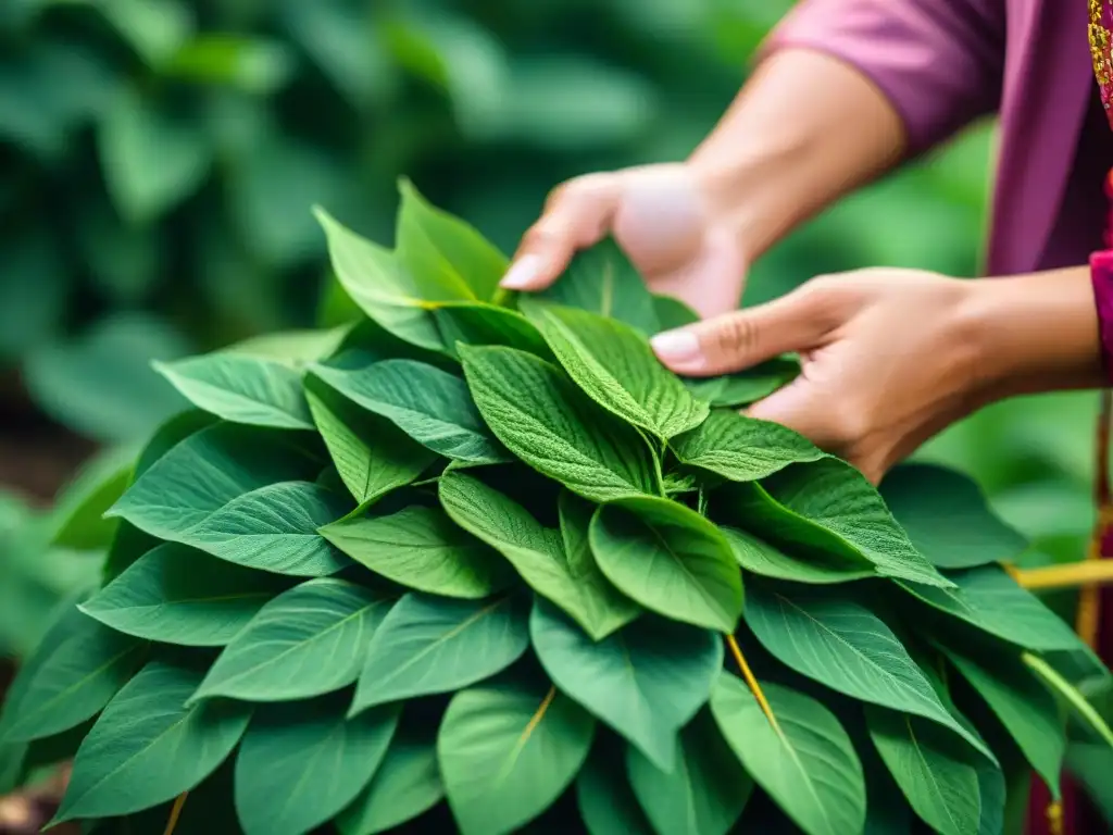 Recolección de hojas de Chaya en vestimenta maya tradicional, mostrando la textura y beneficios chaya superalimento maya