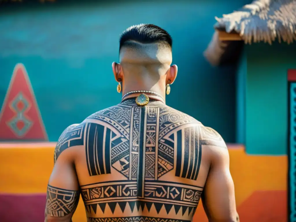 Un hombre maya moderno con tatuajes simbólicos que representan el significado de la cultura maya en su espalda