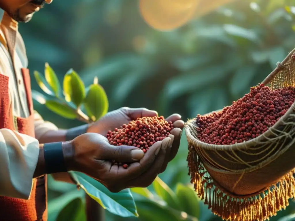 Un humilde agricultor maya cosechando semillas de achiote en la selva, con aves volando