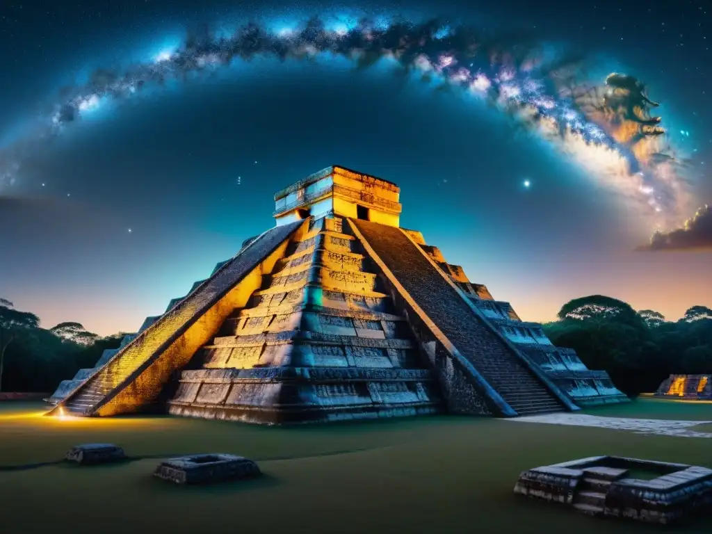 Ruinas Mayas: Conexión Celestial Una ilustración detallada de la alineación de ruinas mayas con cuerpos celestes, destacando su sabiduría astronómica