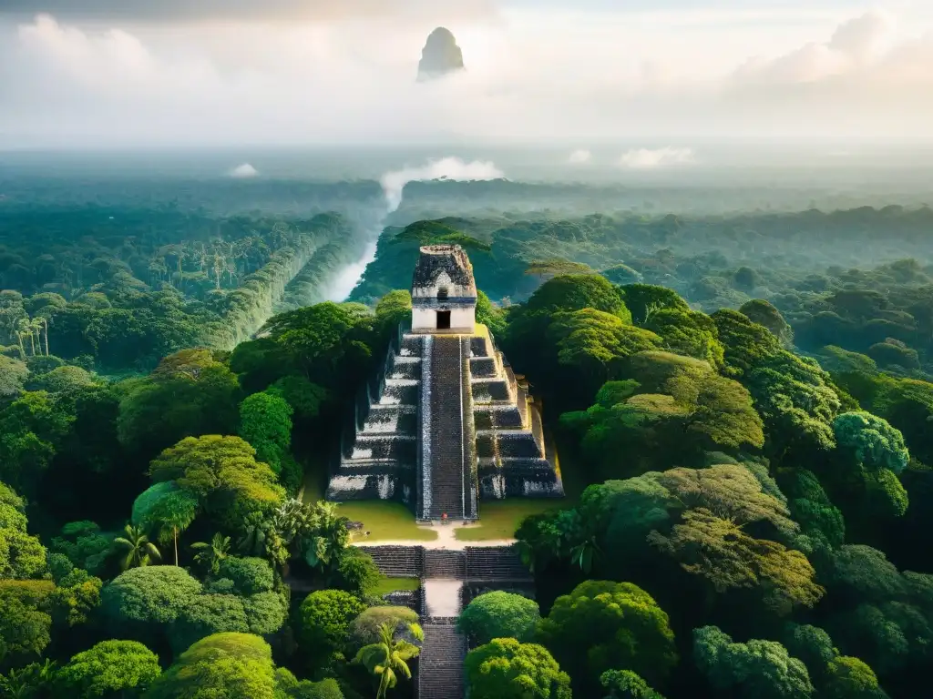 Imagen aérea detallada de la antigua ciudad maya de Tikal, con su planificación urbana armoniosa en la exuberante naturaleza de Guatemala