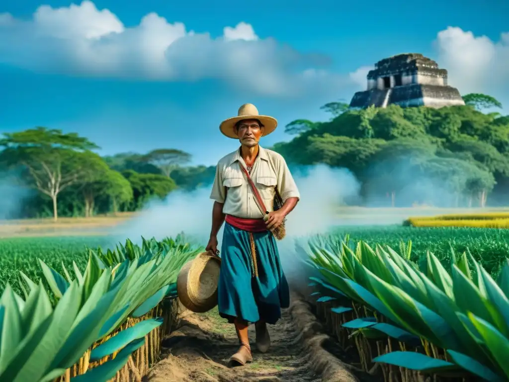 Imagen de un agricultor maya en un campo verde exuberante, cuidando cultivos bajo cielo azul