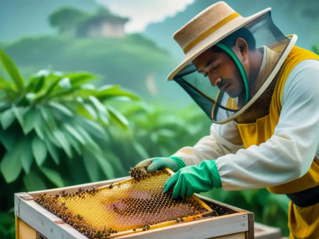 Imagen de un apicultor maya inspeccionando colmena con abejas