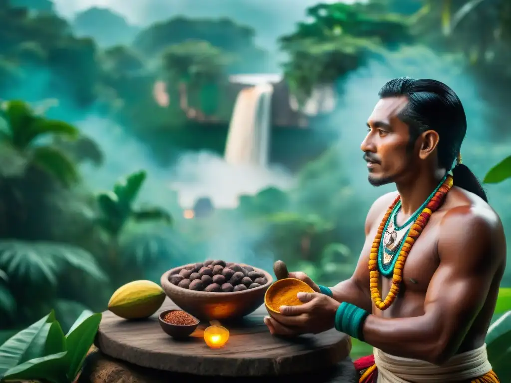 Imagen de una ceremonia tradicional Maya con cacao, destacando la importancia del cacao en Maya en una selva exuberante