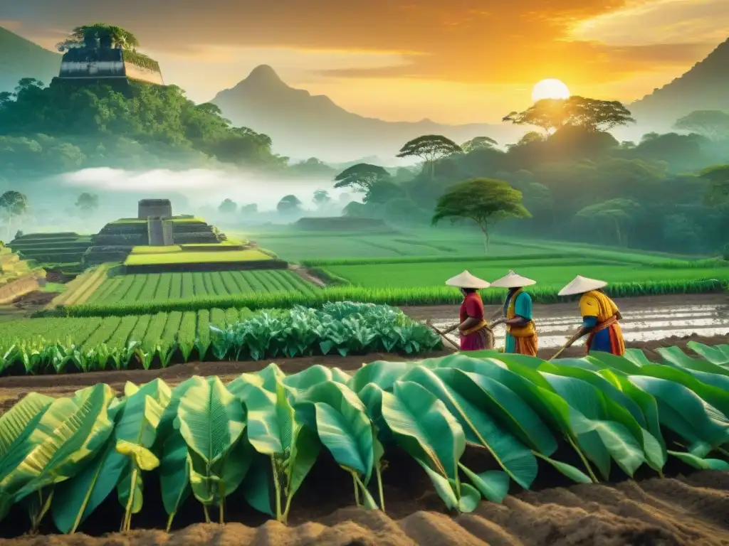 Imagen detallada de agricultores mayas cultivando en armonía con la naturaleza al atardecer