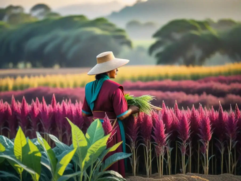 Imagen detallada de campo de amaranto con cosecha y vestimenta tradicional Maya